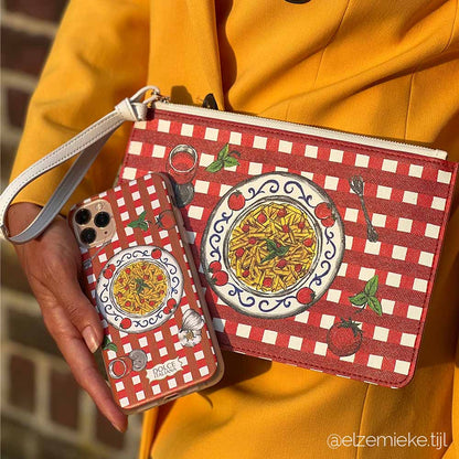 Red gingham restaurant tablecloth handpainted Italian design clutch bag and phone case