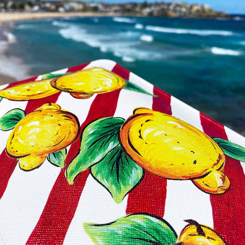 Lemon and red white stripes bag by DOLCE ITALIANA at Bondi Beach Sydney Australia